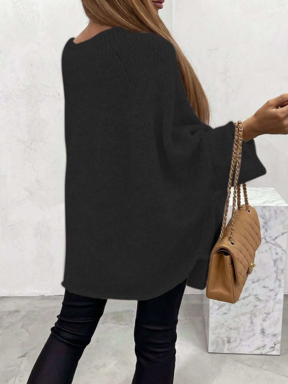 Black Casual Women's Minimalist Batwing Sleeve Crew Neck Knit Sweater - Picture 2 of 3